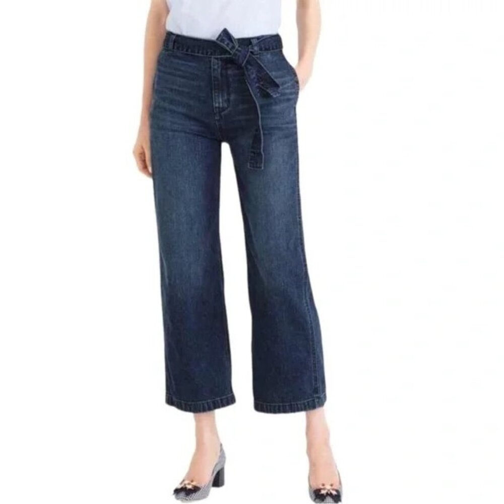 New J. Crew Denim Slim Wide Leg Tie Waist Jeans Rinse Wash, Size 30